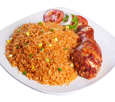 JOLLOF RICE WITH PLANTAIN SERVED WITH GOAT MEAT OR TURKEY