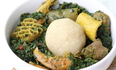 EBA SERVED WITH EFO RIRO/EGUSI/OGBONO/EWEDE/OKRO WITH BEEF/FISH/CHICKEN/ASSORTED MEAT
