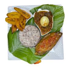 OFADA RICE WITH PLANTAIN SERVED WITH GOAT MEAT OR TURKEY