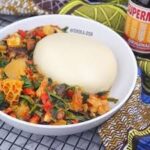 POUNDO SERVED WITH EFO RIRO/EGUSI/OGBONO/EWEDE/OKRO WITH BEEF/FISH/CHICKEN/ASSORTED MEAT